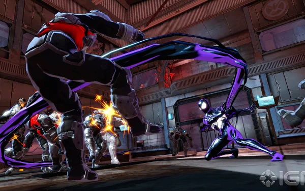 HD PC desktop wallpaper featuring an action scene from the video game Spider-Man: Shattered Dimensions with multiple Spider-Man versions battling enemies in an industrial setting.