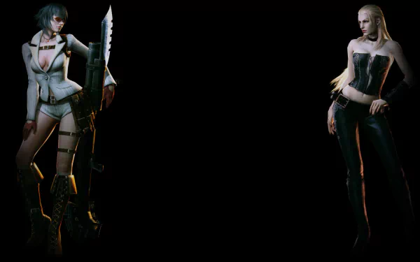HD desktop wallpaper from Devil May Cry 4 featuring two character models in dynamic poses, capturing the game's stylish aesthetic and intense atmosphere.