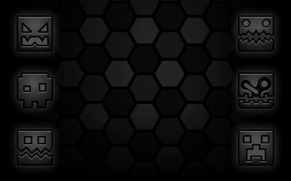 HD desktop wallpaper featuring characters from the video game Geometry Dash against a dark hexagonal background.