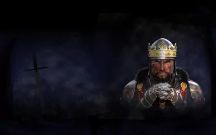 HD PC desktop wallpaper and background from the video game Medieval II: Total War: a crowned, armored king clutching gauntleted hands amid dark mist, with a silhouetted sword to the left.