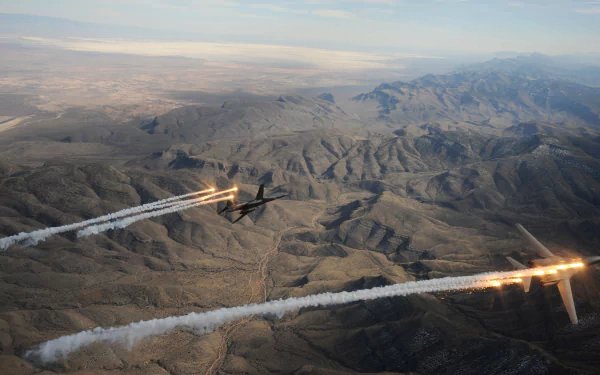 A 4K Ultra HD image of two Rockwell B-1 Lancer military bombers releasing flares over a rugged desert landscape.