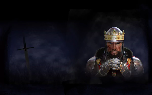 HD PC desktop wallpaper and background from the video game Medieval II: Total War: a crowned, armored king clutching gauntleted hands amid dark mist, with a silhouetted sword to the left.