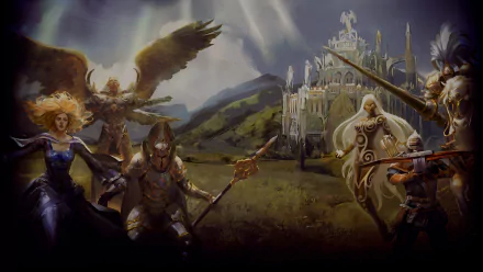 HD PC desktop wallpaper for the video game Might & Magic: Duel of Champions — fantasy heroes and a winged creature advancing across a valley toward a distant castle.