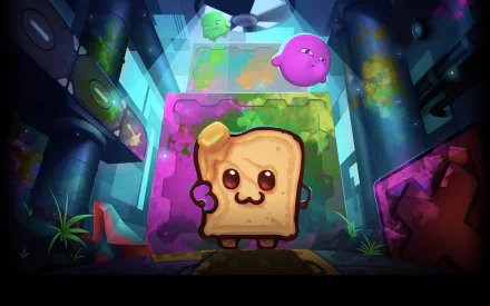 HD PC desktop wallpaper featuring a cute slice of bread and colorful characters from the video game Move or Die in a vibrant, futuristic setting.