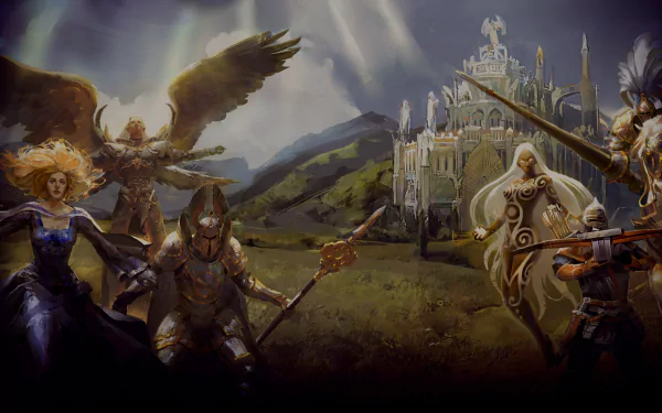 HD PC desktop wallpaper for the video game Might & Magic: Duel of Champions — fantasy heroes and a winged creature advancing across a valley toward a distant castle.