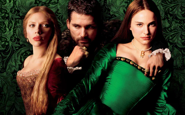 HD PC desktop wallpaper of the three lead actors from the movie The Other Boleyn Girl in Tudor gowns against an ornate dark green backdrop.