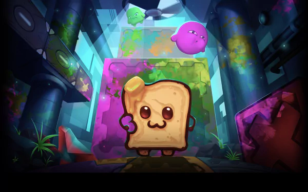 HD PC desktop wallpaper featuring a cute slice of bread and colorful characters from the video game Move or Die in a vibrant, futuristic setting.