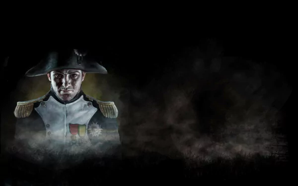 HD PC desktop wallpaper featuring a dramatic portrait of Napoleon from the video game Napoleon: Total War, set against a dark, smoky background.