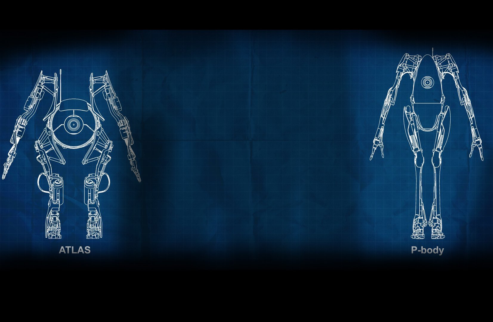 HD PC desktop wallpaper featuring blueprint-style line art of Atlas and P-body robots from the video game Portal 2 on a dark blue background.