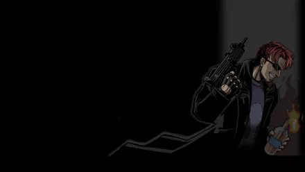 HD PC desktop wallpaper for the video game POSTAL: a grim, red‑haired, comic‑style character clutching a submachine gun at the right against a stark black background.