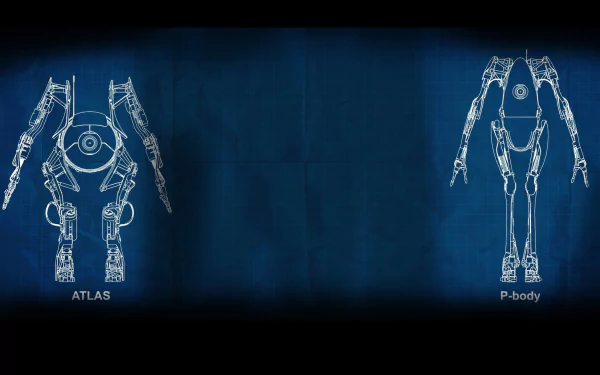 HD PC desktop wallpaper featuring blueprint-style line art of Atlas and P-body robots from the video game Portal 2 on a dark blue background.