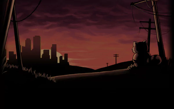 HD PC desktop wallpaper and background: Project Zomboid video game art—silhouetted survivor by power lines watching a deserted city skyline under a blood-red dusk.