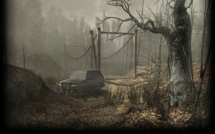A haunting HD desktop wallpaper from Resident Evil 4, featuring a foggy landscape with a dilapidated car, a twisted tree, and a rickety bridge in a desolate environment.