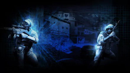 HD PC wallpaper for the video game S.K.I.L.L. - Special Force 2: two blue-toned special forces soldiers in combat gear aiming rifles against a dark urban night-ops backdrop.