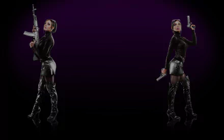 HD PC desktop wallpaper from the video game Saints Row: The Third, featuring two characters in black outfits holding firearms against a dark purple background.