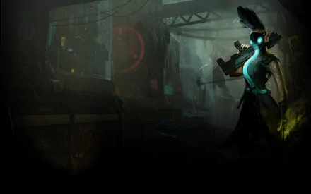 Shadowrun Returns cyberpunk video game HD PC desktop wallpaper: masked, glowing-eyed shadowrunner with shotgun in a rain-soaked neon industrial alley.