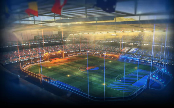HD desktop wallpaper featuring a vibrant Rocket League stadium, showcasing the dynamic colors and atmosphere typical of the popular video game.