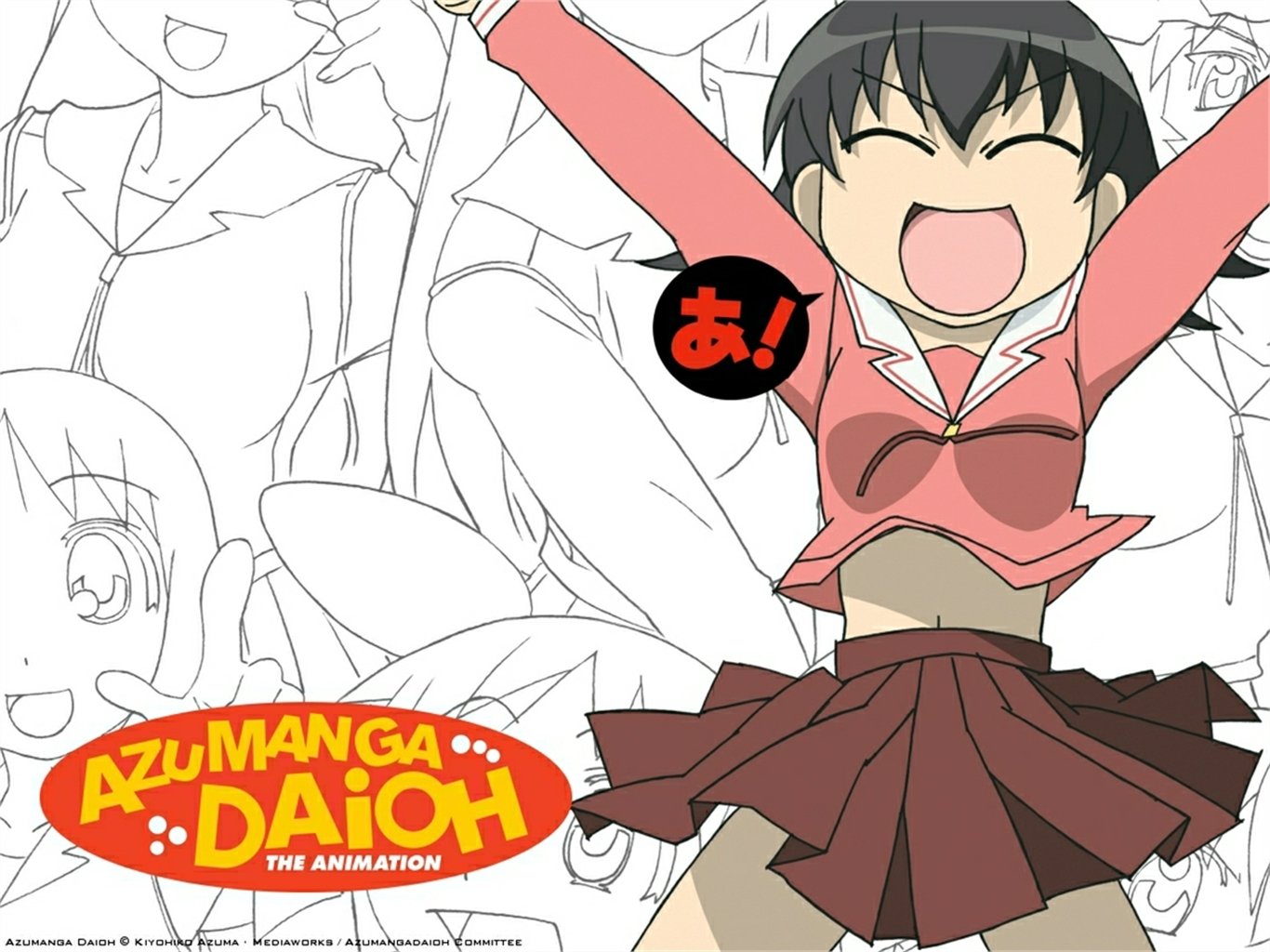 HD PC desktop wallpaper of Azumanga Daioh anime: joyful schoolgirl in pink sailor uniform jumping with arms raised, sketched classmates behind and series logo in lower corner.