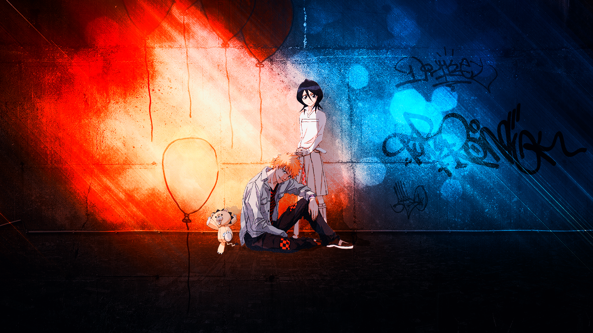 Anime characters Kon, Rukia Kuchiki, and Ichigo Kurosaki from Bleach are featured in a striking HD wallpaper, showcasing vibrant colors and dynamic backgrounds.