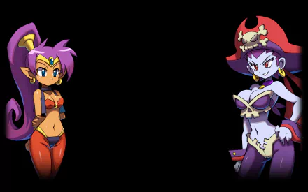 HD PC desktop wallpaper from the video game Shantae and the Pirate's Curse showing Shantae at left and a pirate antagonist at right against a black background.