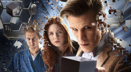 A dynamic HD wallpaper featuring Amy Pond, Matt Smith, and Karen Gillan from the TV show Doctor Who, surrounded by an abstract, fragmented background.