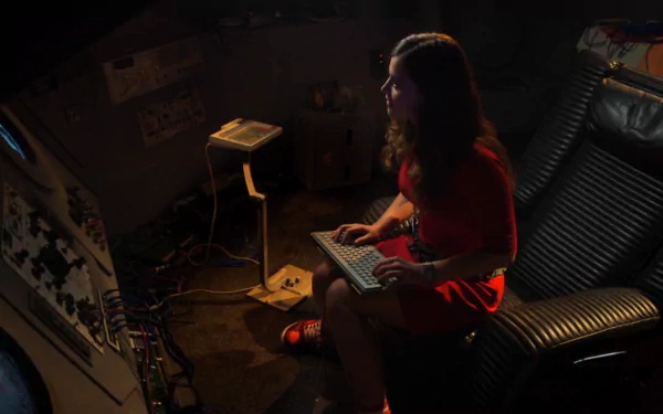 Jenna Coleman as Clara Oswald in Doctor Who (2005) sits in a dimly lit room, typing on a keyboard, featured in an HD PC desktop wallpaper and background.