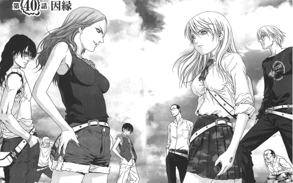 Black-and-white HD desktop wallpaper featuring characters from the anime Btooom!, including Ryōta Sakamoto and Himiko, illustrated by Tomoaki Iwakura and team.