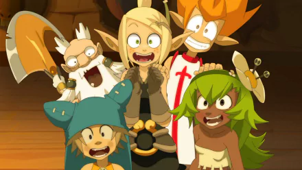 A vibrant HD wallpaper featuring characters from Wakfu: Ruel Stroud, Tristepin, Amalia Sheran Sharm, Evangelyne, and Yugo, captured in an expressive and joyful moment.
