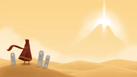 HD wallpaper featuring a figure from the game Journey walking through a desert with a mountain in the background and glowing symbols.