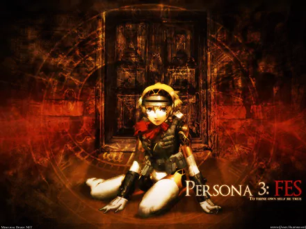 HD PC desktop wallpaper featuring Aigis from the video game Persona 3, set against a dark, fiery background with mystical patterns and the Persona 3: FES logo.