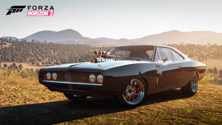 A striking HD desktop wallpaper featuring a classic muscle car from Forza Horizon 2, set against a scenic landscape with rolling hills and warm lighting.