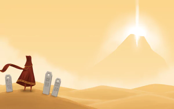 HD wallpaper featuring a figure from the game Journey walking through a desert with a mountain in the background and glowing symbols.