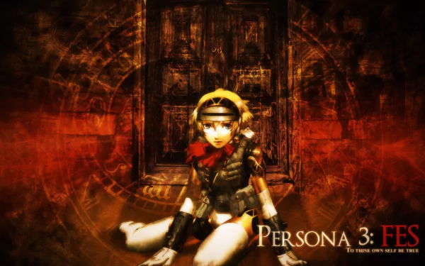 HD PC desktop wallpaper featuring Aigis from the video game Persona 3, set against a dark, fiery background with mystical patterns and the Persona 3: FES logo.