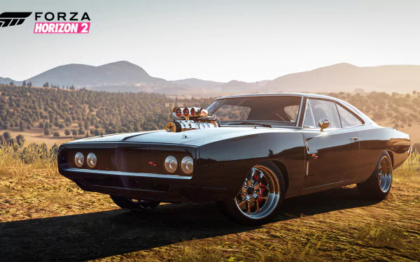 A striking HD desktop wallpaper featuring a classic muscle car from Forza Horizon 2, set against a scenic landscape with rolling hills and warm lighting.