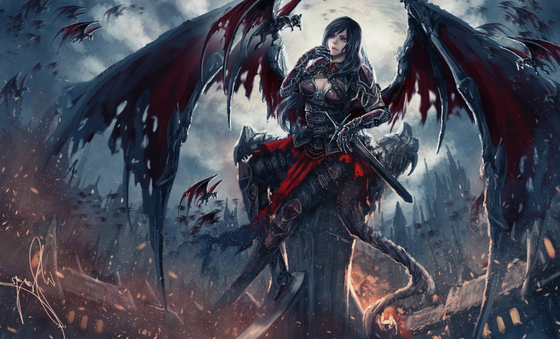 HD fantasy desktop wallpaper depicting a dark demon with large, tattered wings standing in a fiery, stormy landscape, surrounded by smaller flying creatures.