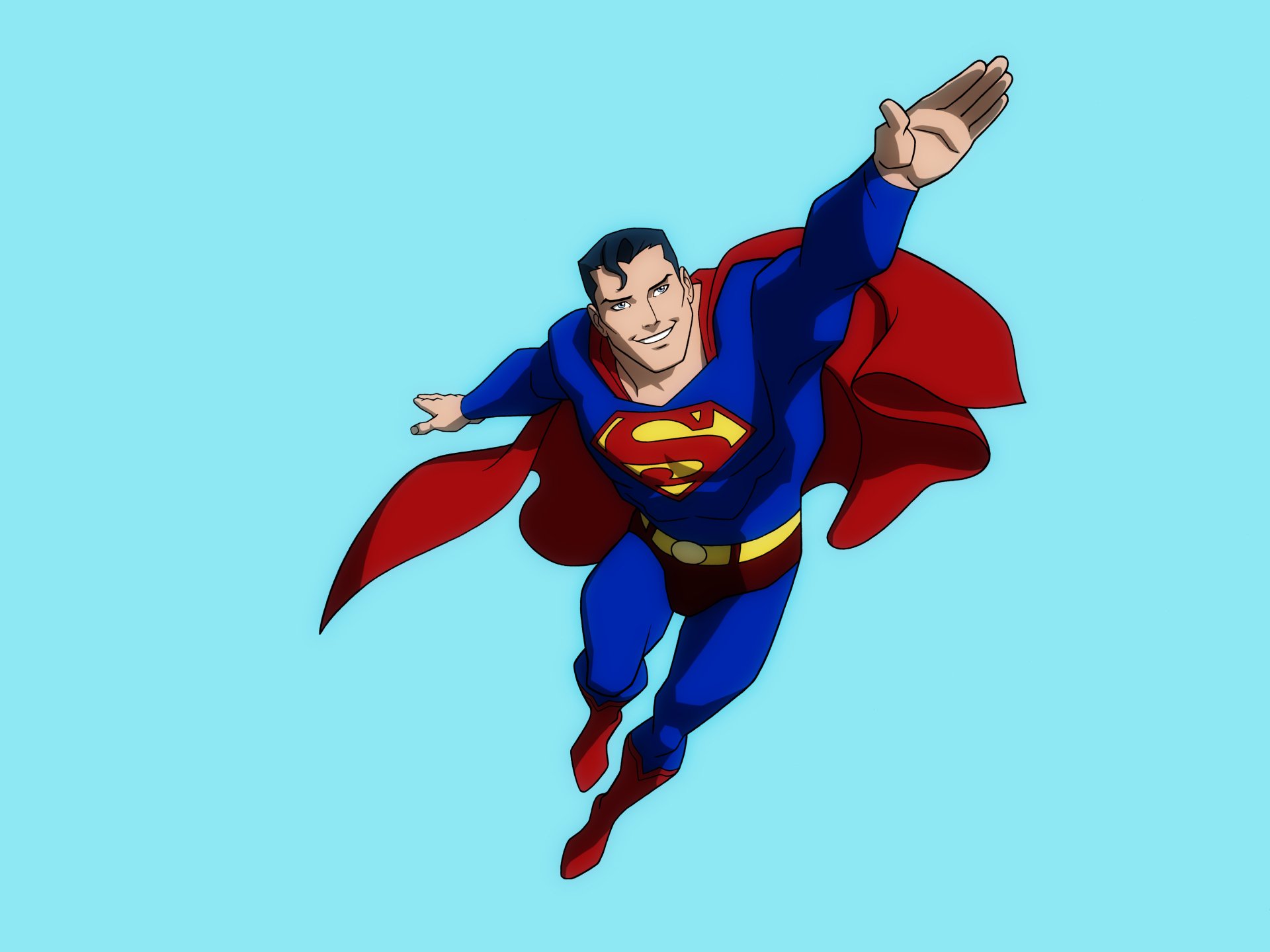 Superman soars through a clear sky, smiling confidently in his iconic blue and red costume, captured in vibrant detail as seen in the Young Justice TV show.