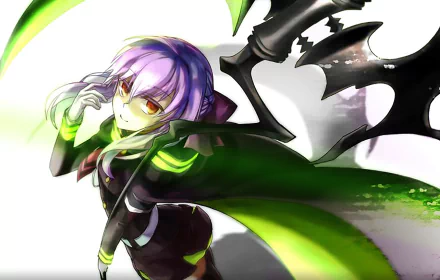 A captivating HD wallpaper featuring Shinoa Hīragi from Seraph of the End, showcasing her purple hair and striking uniform, enhanced by dynamic green elements.