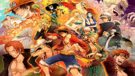 HD PC desktop wallpaper featuring vibrant characters from the video game One Piece Pirate Warriors 3 in dynamic poses against a fiery background.