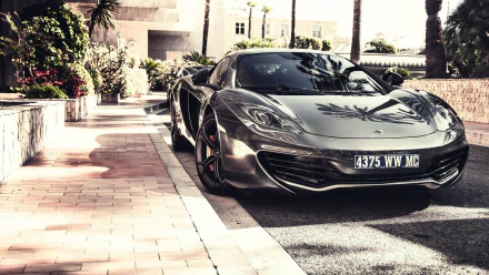 A sleek McLaren MP4-12C parked on a sunlit pathway, surrounded by lush greenery, showcased as a stunning HD desktop wallpaper and background.