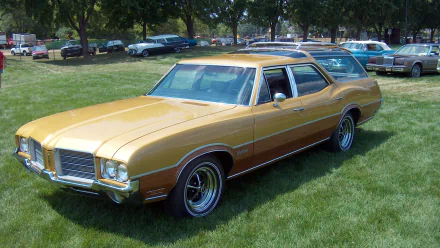 Gold Oldsmobile Vista Cruiser station wagon parked on grass at a car show, presented as an HD PC desktop wallpaper/background.