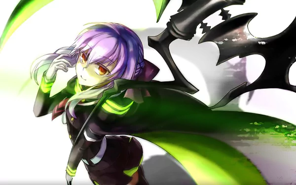 A captivating HD wallpaper featuring Shinoa Hīragi from Seraph of the End, showcasing her purple hair and striking uniform, enhanced by dynamic green elements.