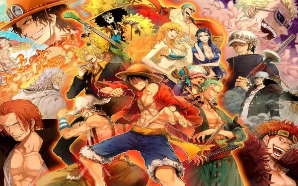 HD PC desktop wallpaper featuring vibrant characters from the video game One Piece Pirate Warriors 3 in dynamic poses against a fiery background.
