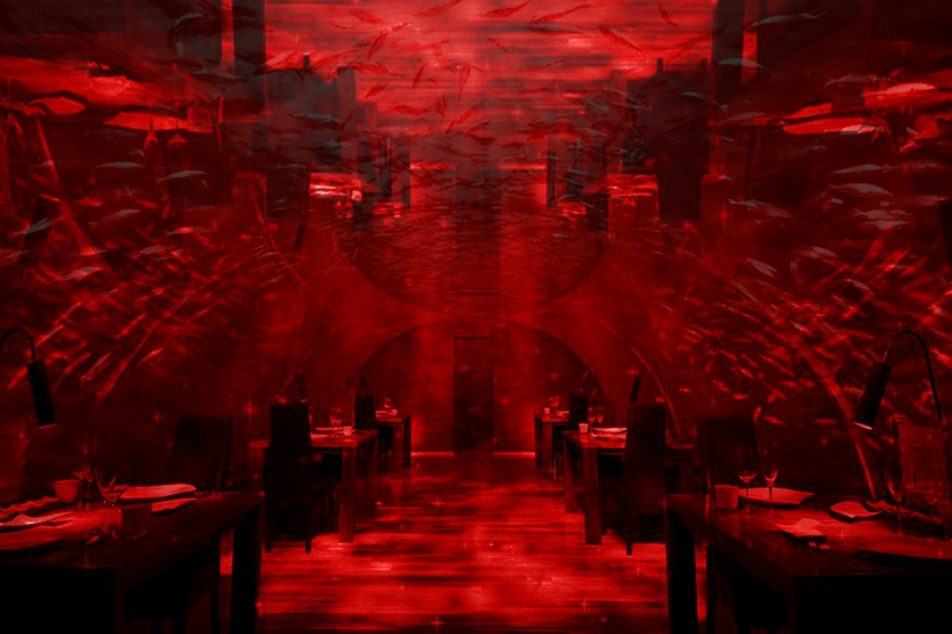Dark, artistic HD PC desktop wallpaper and background: crimson-lit surreal dining hall with arches, shadowed tables and distant city silhouettes.