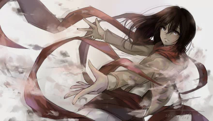 Mikasa Ackerman from Attack on Titan is depicted in this HD anime wallpaper, showcasing her dynamic pose with flowing ribbons in an atmospheric background.
