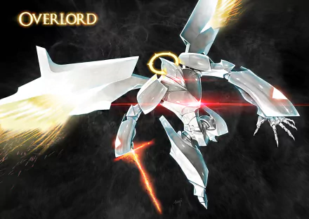 HD anime wallpaper featuring Archangel Flame from Overlord, showcasing a sleek robotic figure with glowing energy effects against a dark, smoky background.