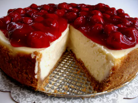 HD desktop wallpaper of a creamy cheesecake topped with glossy cherries, showcasing rich textures and vibrant red hues in a close-up food image.
