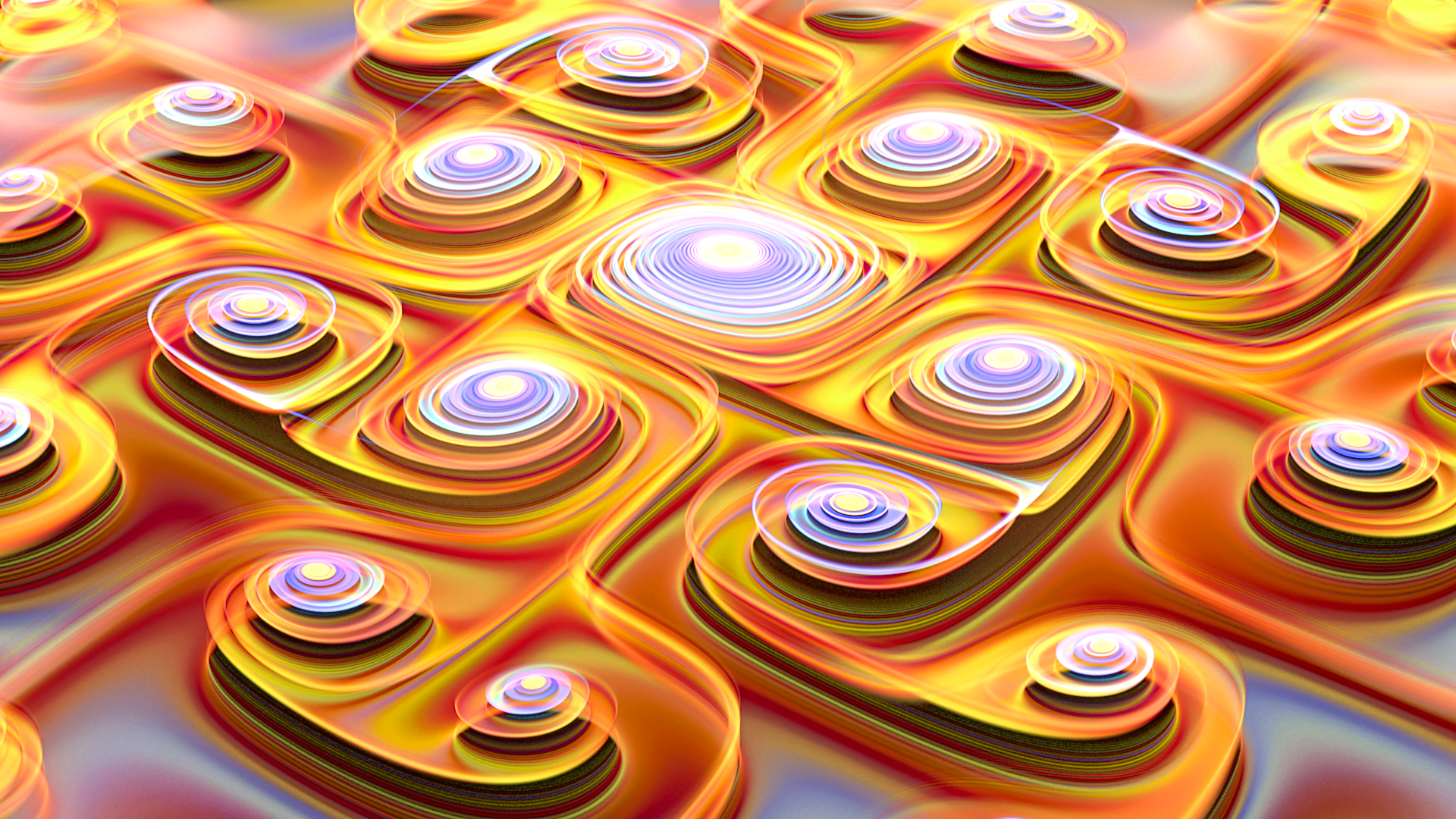 HD PC desktop wallpaper/background: vibrant abstract fractal of layered concentric rings and glowing centers in warm gold, orange, and purple hues forming a rippled grid.