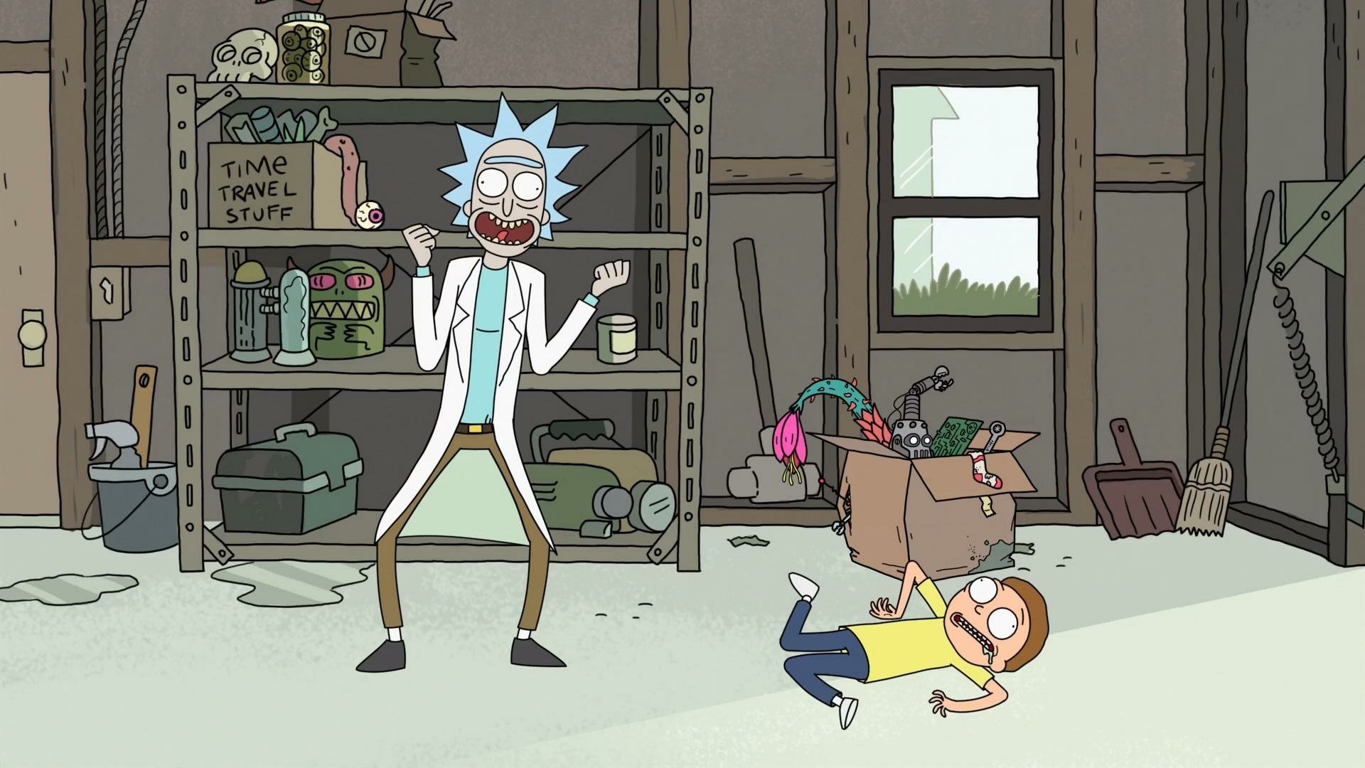 HD PC desktop wallpaper: Rick Sanchez and Morty Smith from the TV show Rick and Morty — Rick wildly gesturing in a cluttered garage while Morty tumbles among tools and boxes.
