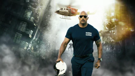 HD PC desktop wallpaper featuring Dwayne Johnson from the movie San Andreas, walking confidently with a helmet in hand and a helicopter in the smoky background.