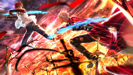 HD desktop wallpaper featuring Archer and Shirou Emiya from Fate/Stay Night: Unlimited Blade Works, locked in an intense battle amidst a backdrop of flames and scattered swords.